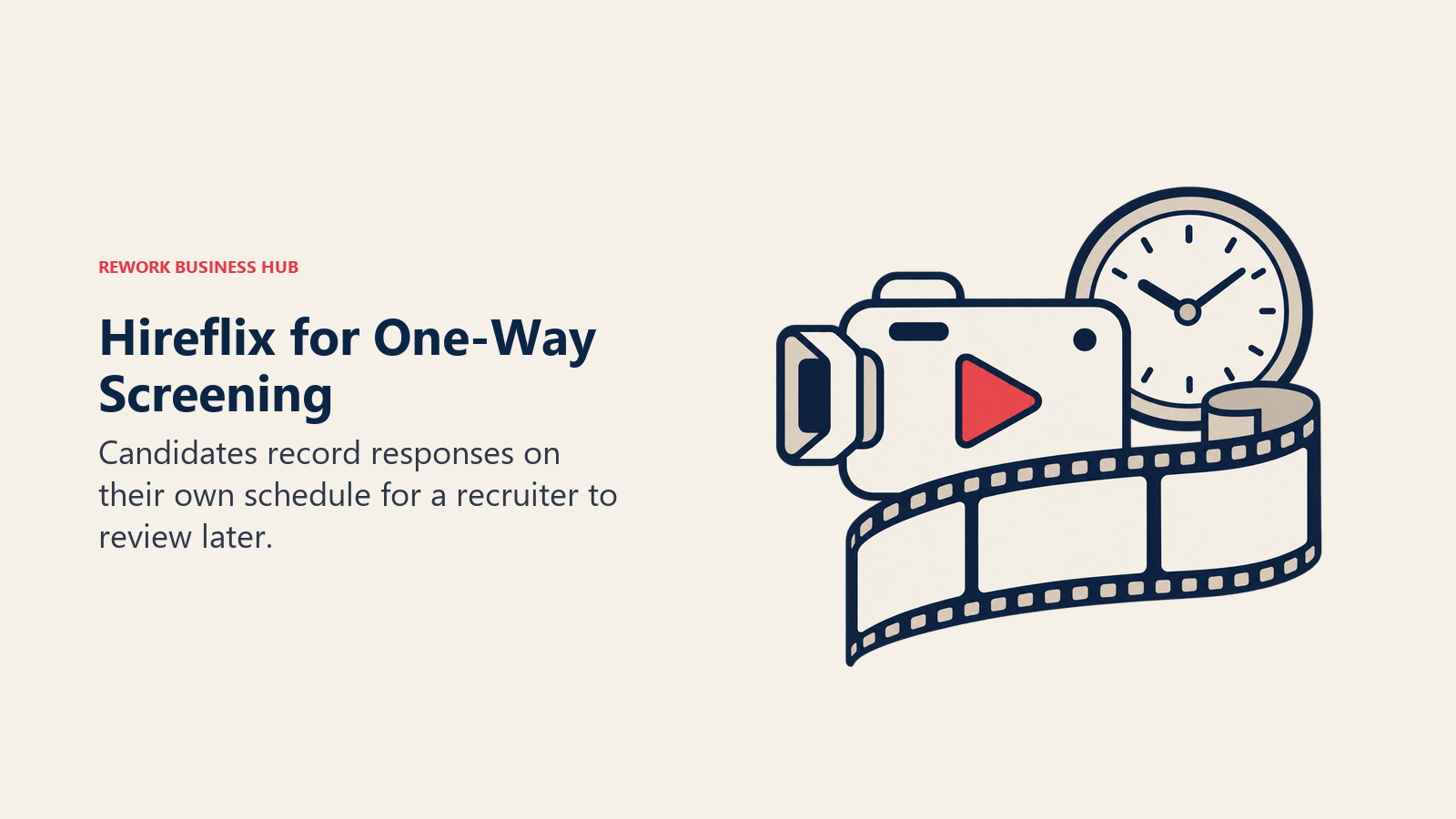 A camera, film strip and clock illustrate asynchronous Hireflix candidate screening.