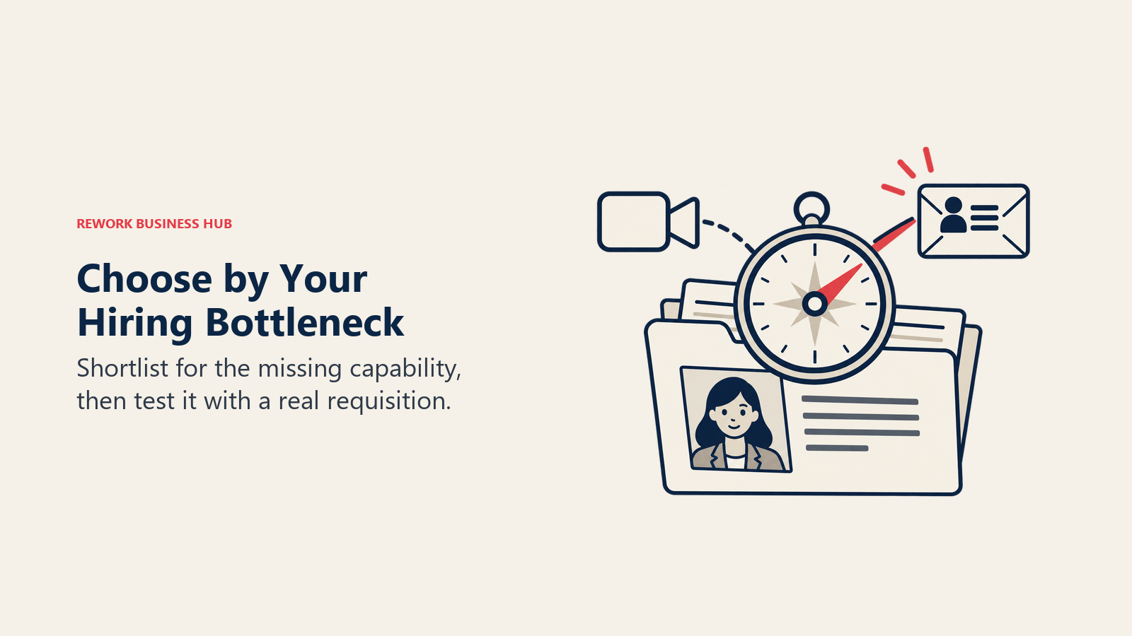 A compass above a candidate folder points toward interview and reference-checking capabilities.