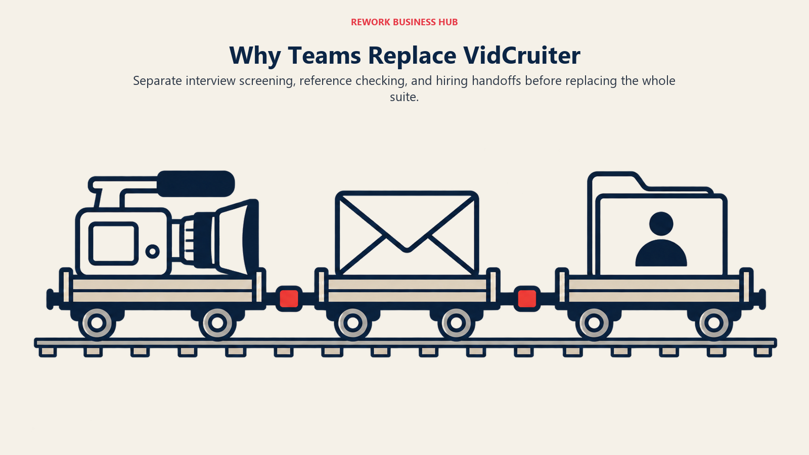 Three separable rail carriages carry a video camera, reference envelope and candidate folder.