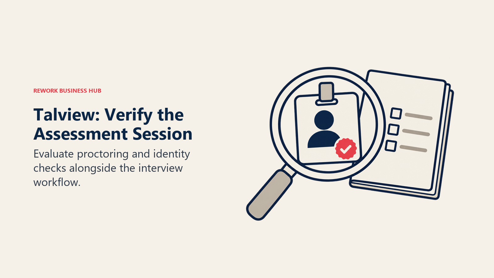 A magnifying glass examines an identity badge beside an assessment checklist for Talview.