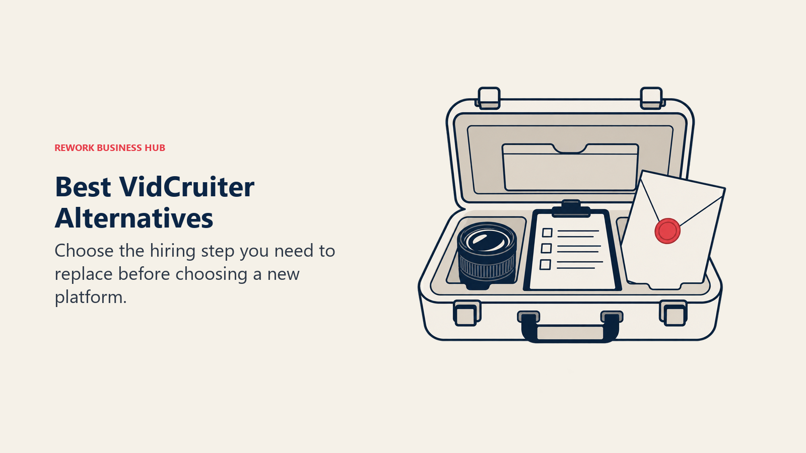 Interview lens, scorecard and reference envelope in a hiring kit illustrate choosing a VidCruiter replacement.