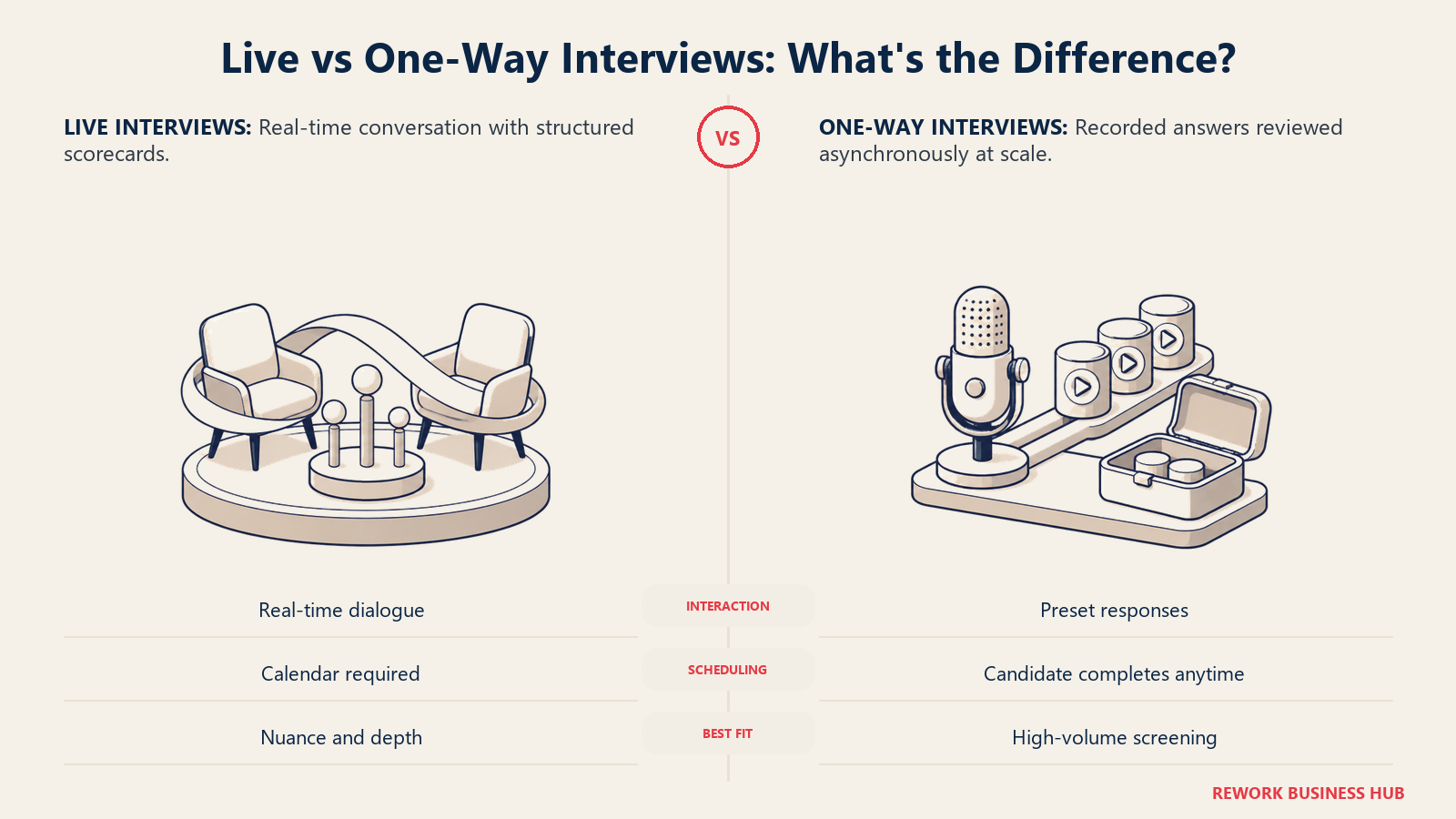 Live video interviews with real-time dialogue compared with one-way interviews built for asynchronous screening