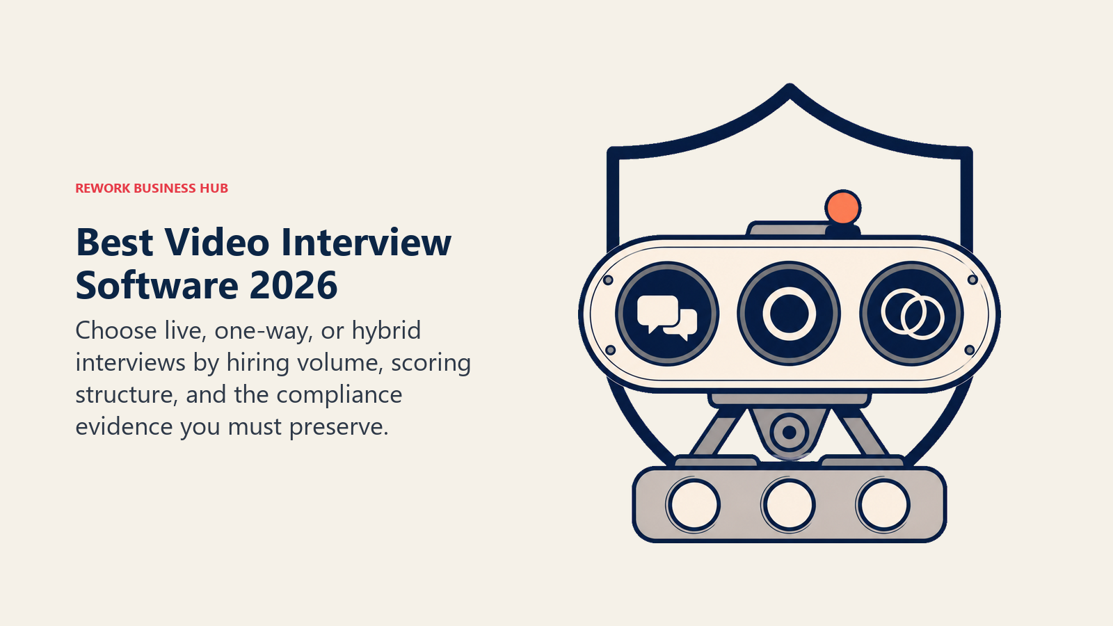 Best video interview software 2026 shown as a three-mode interview camera with a structured scorecard and audit shield