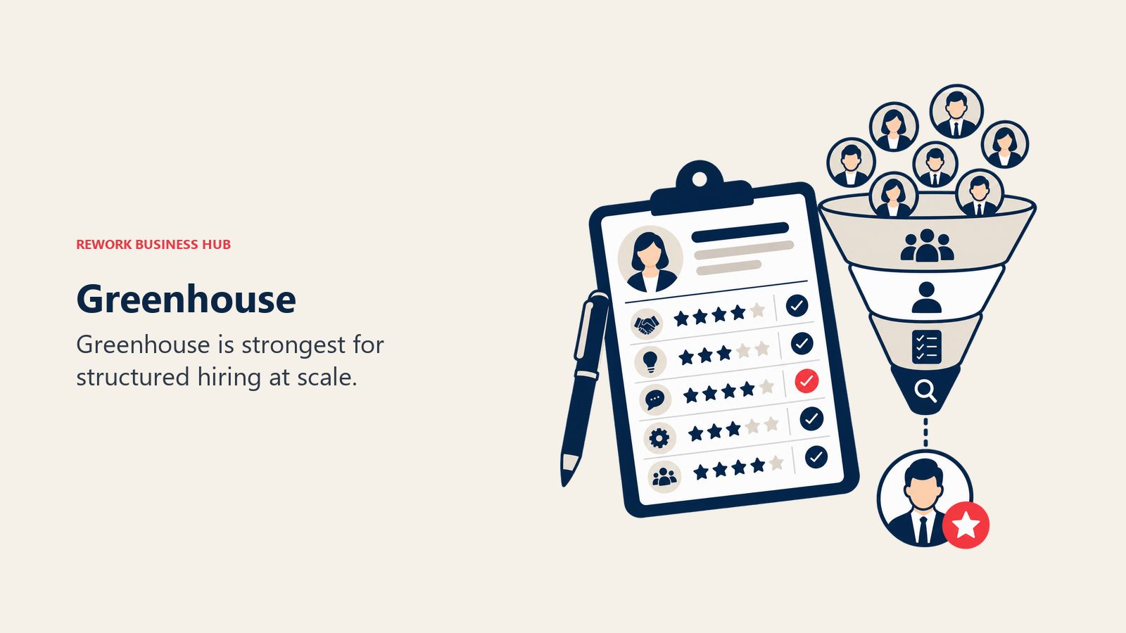 Greenhouse illustrated by structured interview scorecard beside an orderly candidate funnel.