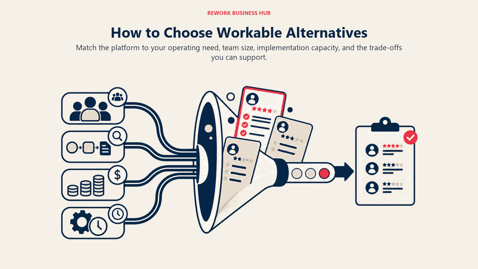 How to Choose Workable Alternatives illustrated by a decision lens sorting team size, workflow depth, cost, and implementation capacity into a shortlist.