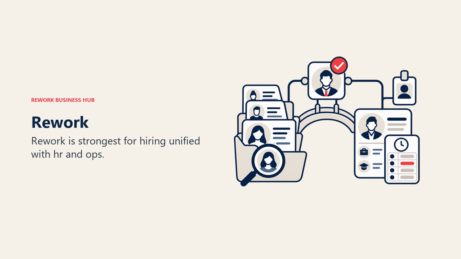 Rework illustrated by shared hiring desk connected to employee records and time cards.