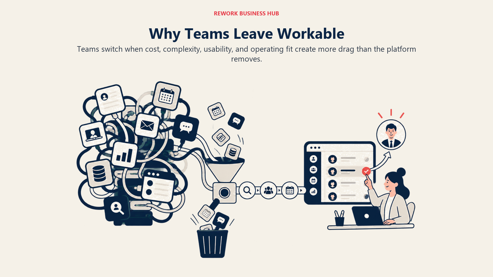 Why Teams Leave Workable illustrated by an overloaded software stack shedding tangled modules into a cleaner operating path.