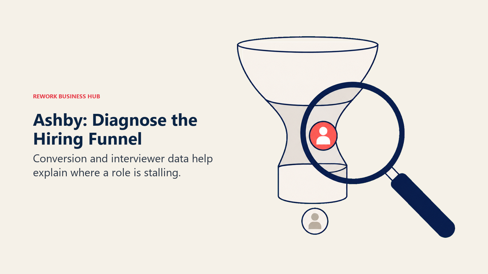 A magnifying glass examines a hiring funnel, illustrating Ashby conversion and interview analytics.