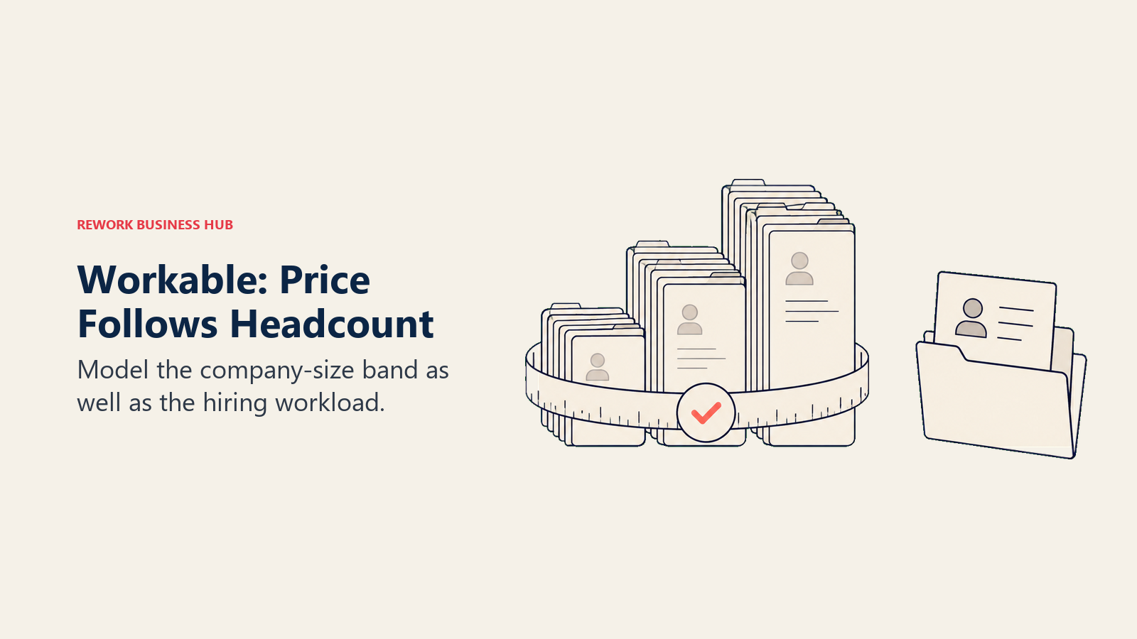 A measuring tape surrounds employee records, illustrating Workable headcount-based pricing.