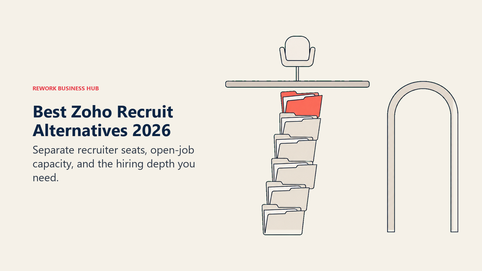 A stack of recruiting folders reaches a licensing ceiling beside an open passage to another hiring model.