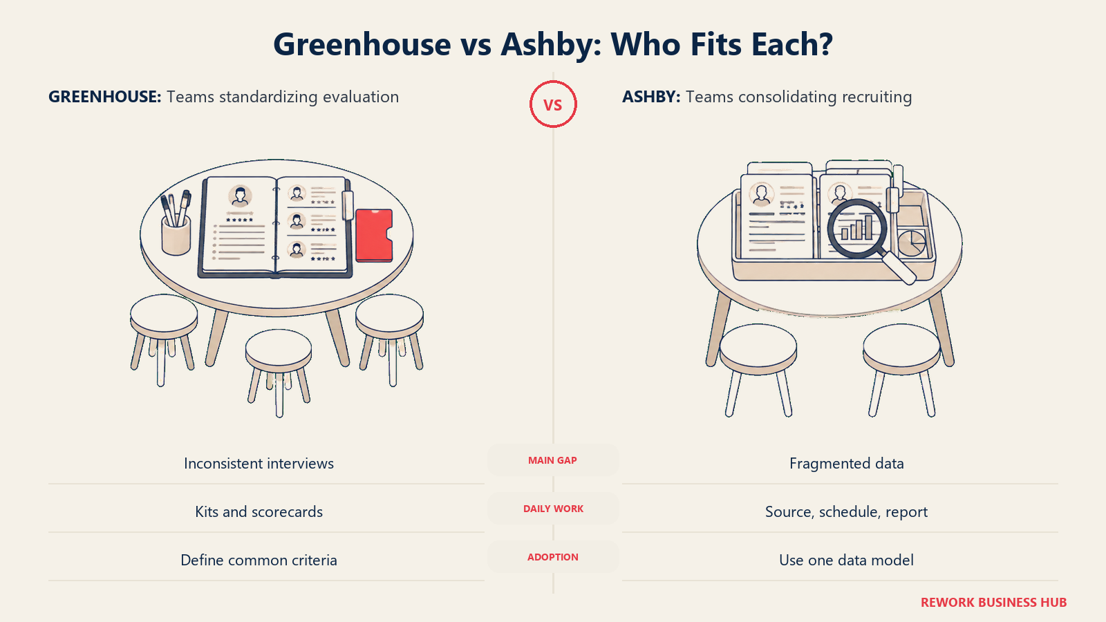 Greenhouse team evaluation table compared with an Ashby table for consolidated recruiting data