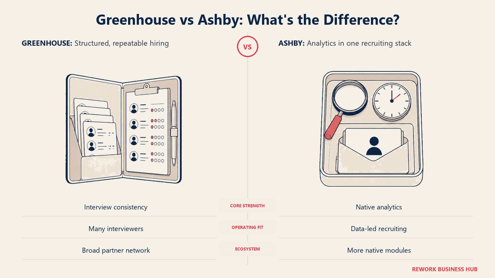 Greenhouse structured interview folio compared with an Ashby recruiting analytics tray