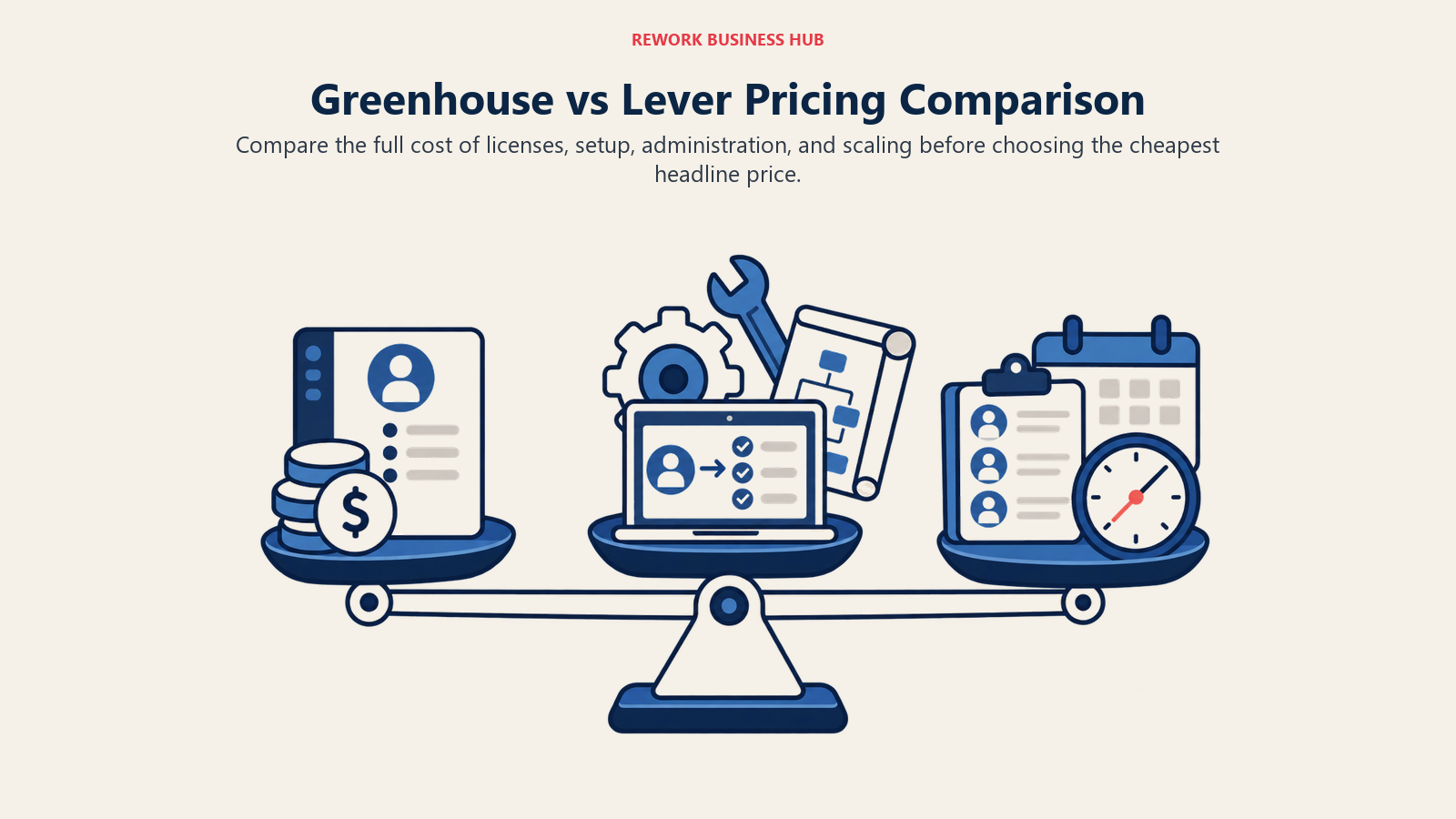 Greenhouse vs Lever Pricing Comparison illustrated by three cost layers balancing license, implementation, and administration weight.