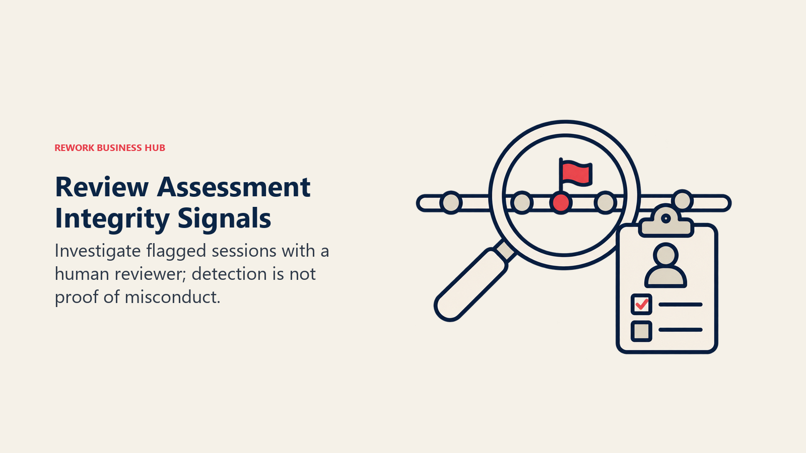 A magnifying glass examines a flagged assessment timeline beside a reviewer checklist.