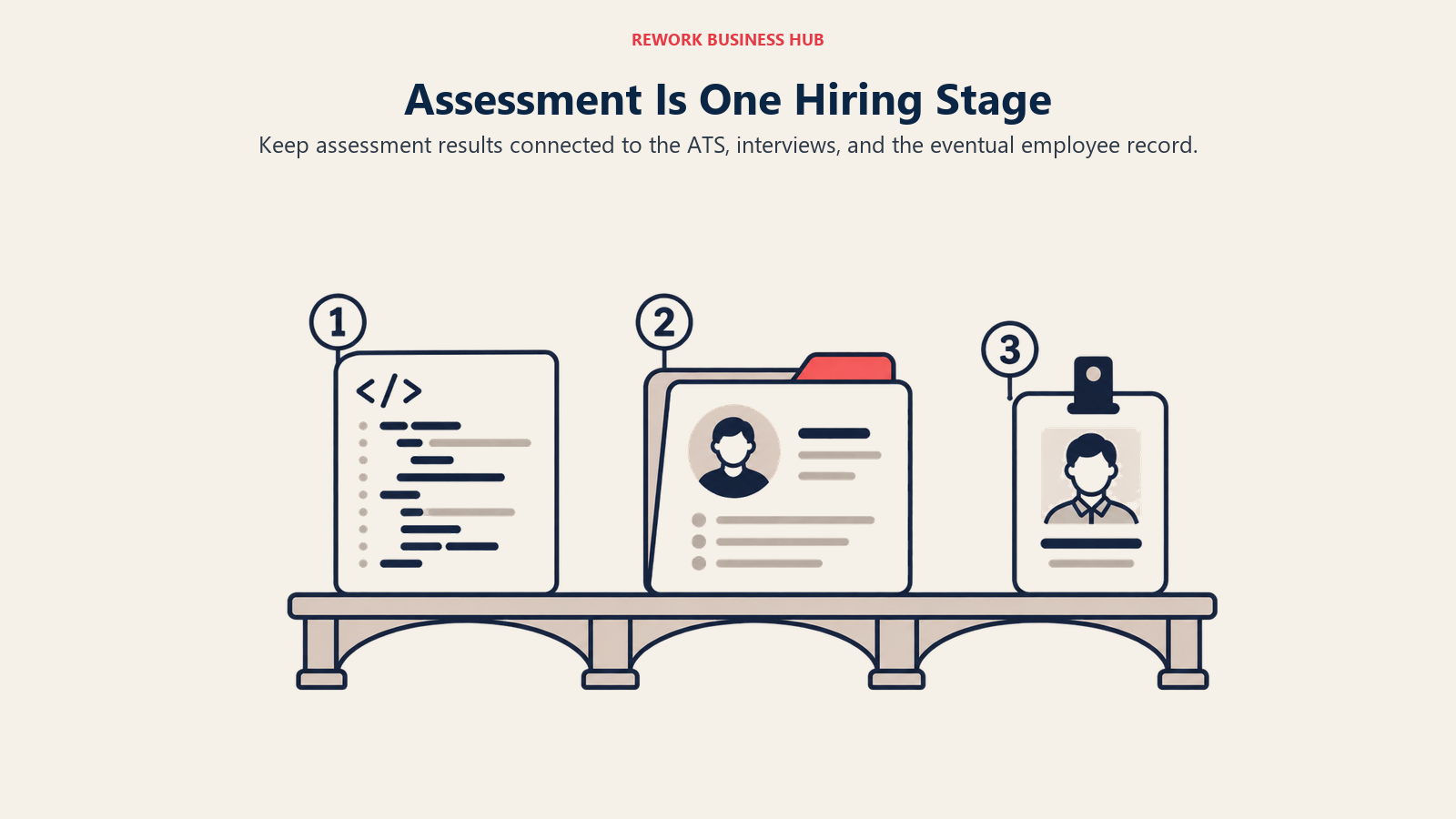 Assessment evidence, candidate records and an employee badge sit on a connected hiring-stage rail.