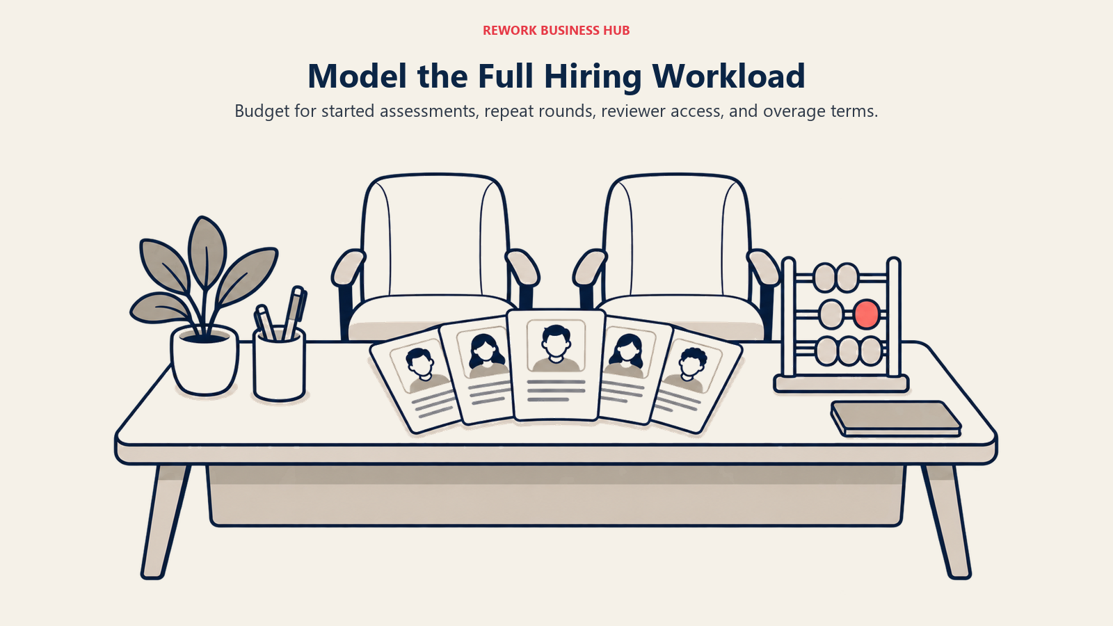 Candidate cards, reviewer chairs and an abacus illustrate the full hiring workload.