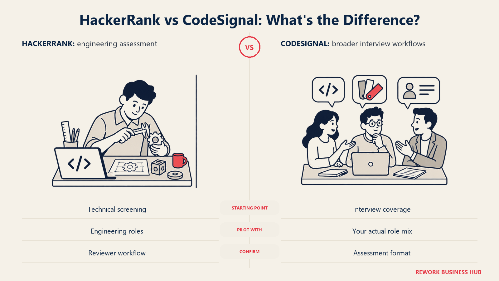 HackerRank engineering assessment scene beside a CodeSignal cross-role interview scene.