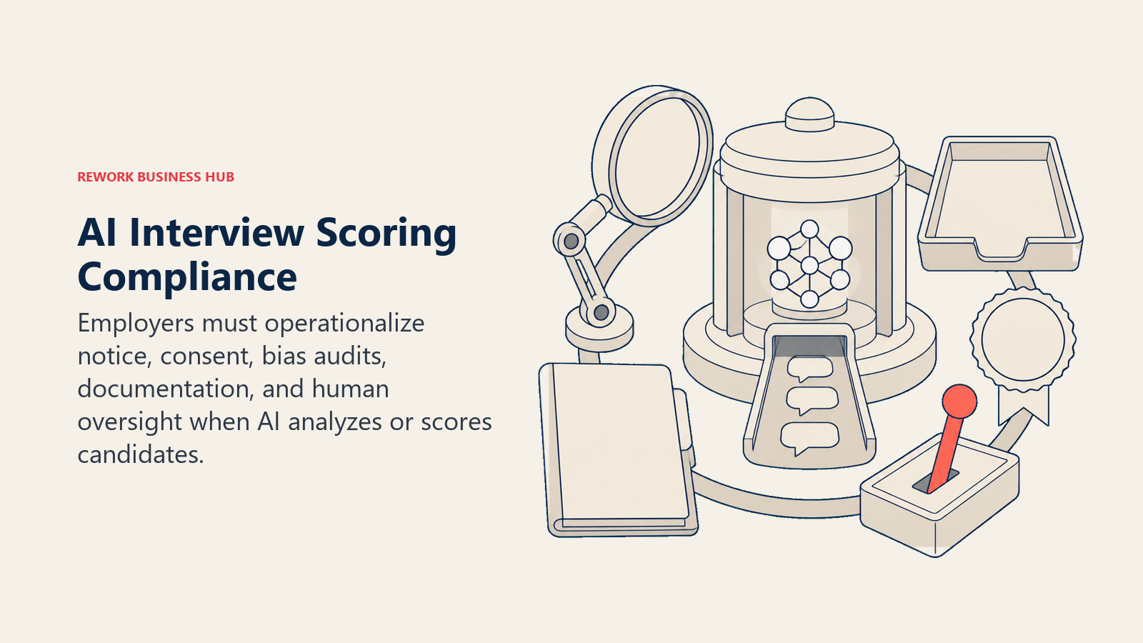 AI interview scoring chamber surrounded by employer audit, notice, consent, and human oversight controls