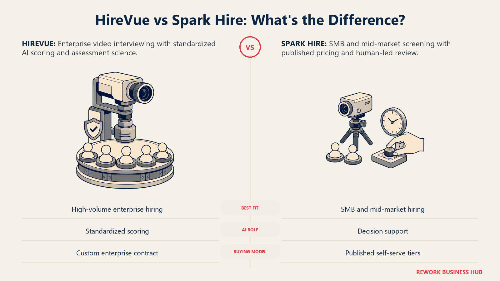 HireVue versus Spark Hire compared as an enterprise video screening rig and a compact human-led interview kit