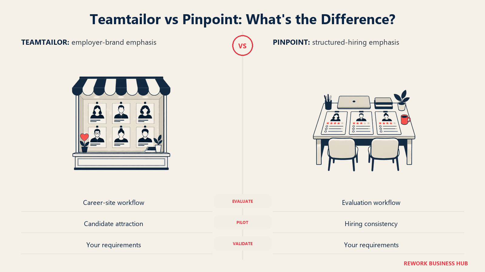 Employer-Brand-Schaufenster von Teamtailor neben einem Schreibtisch für strukturierte Bewertung von Pinpoint.