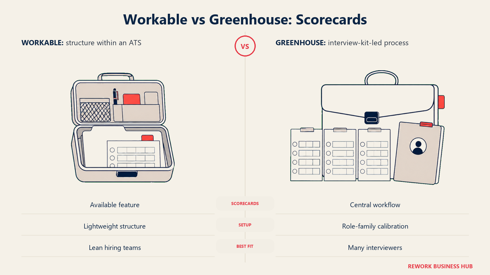 A lightweight interview kit is compared with a central scorecard case for Workable and Greenhouse hiring structure.