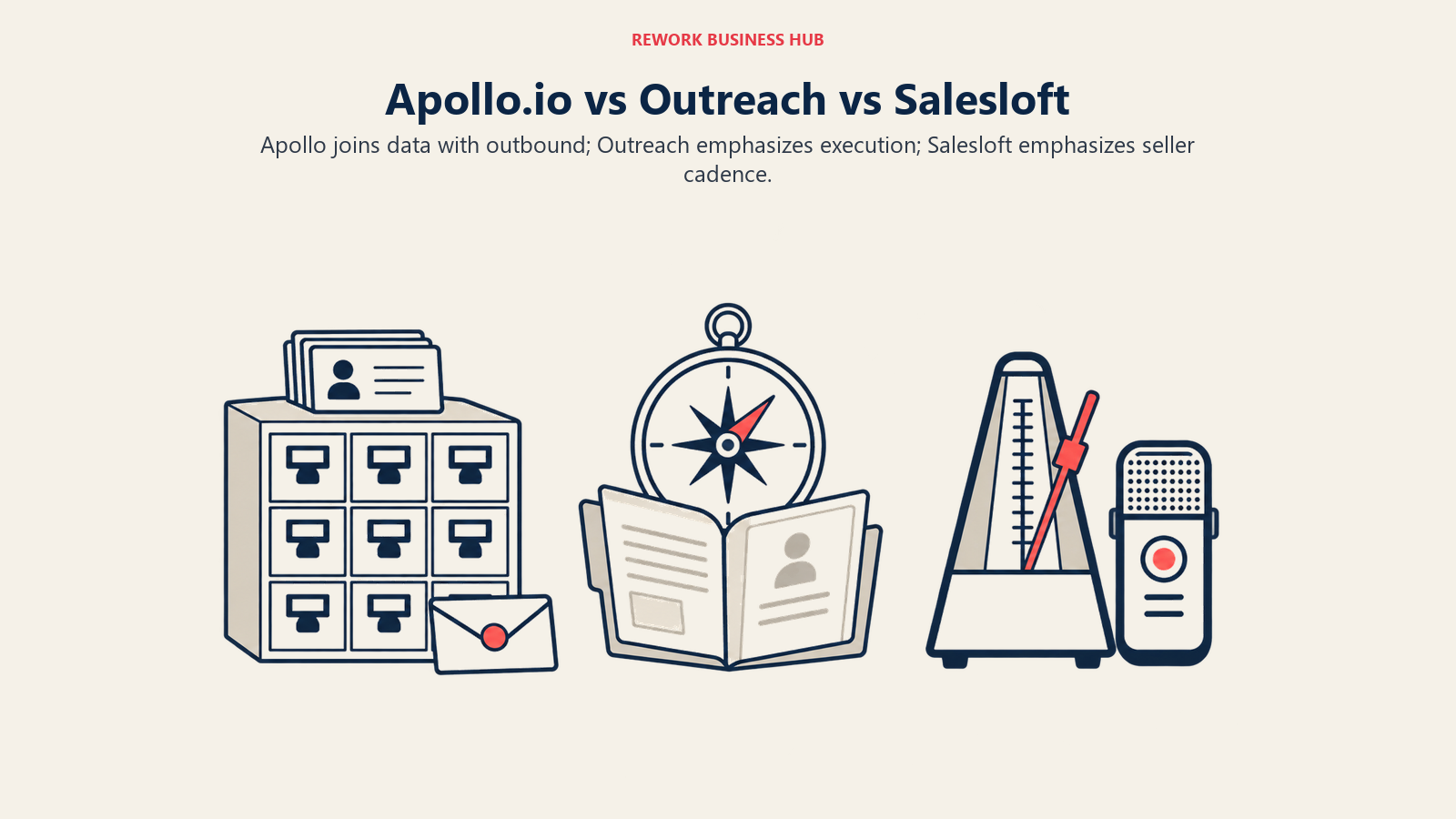 Apollo contact data and an envelope, Outreach execution guide, and Salesloft cadence and call tools appear left to right.
