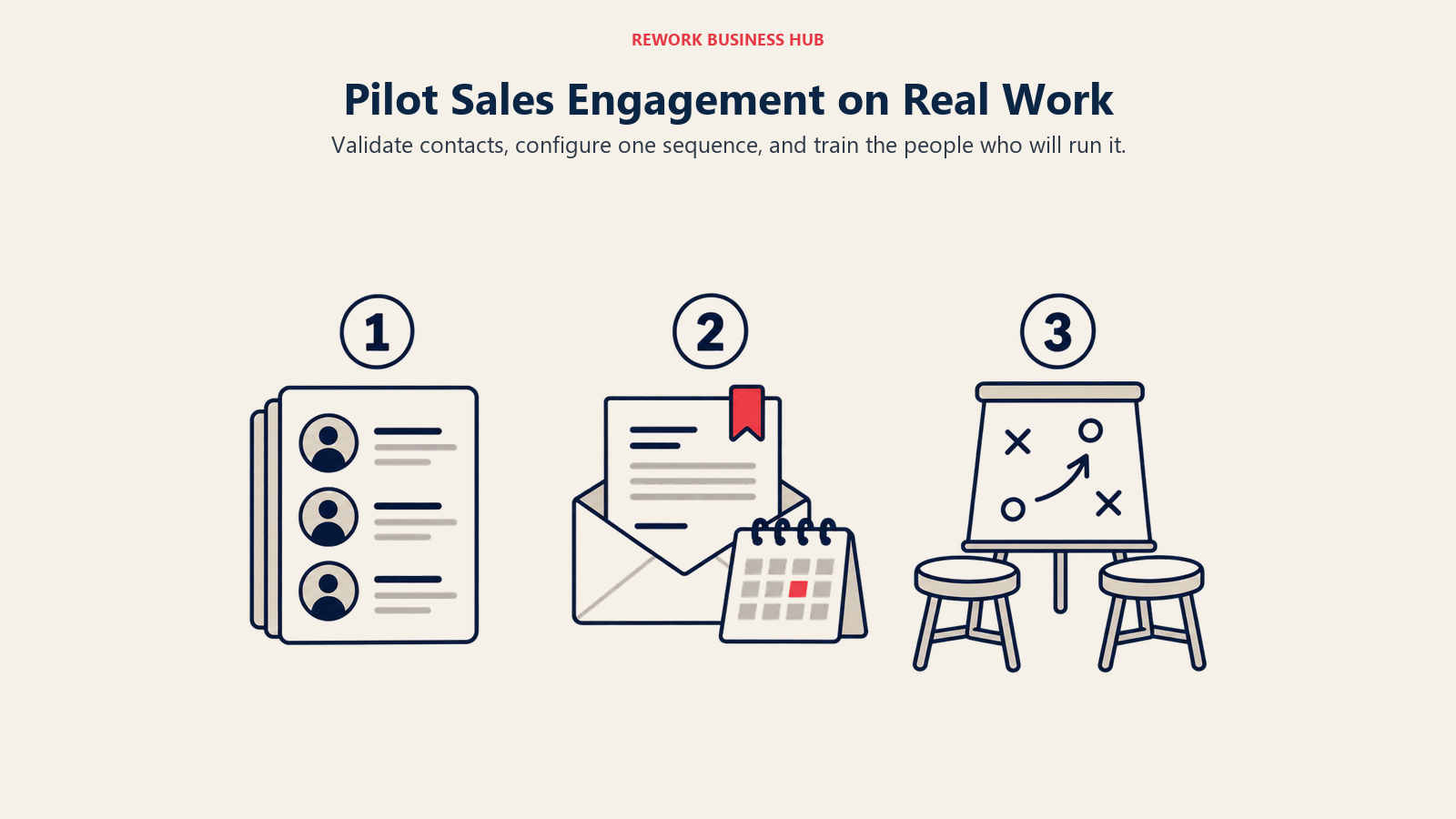 Contact records, a scheduled sequence and a team-training board form a three-stage sales-engagement pilot.