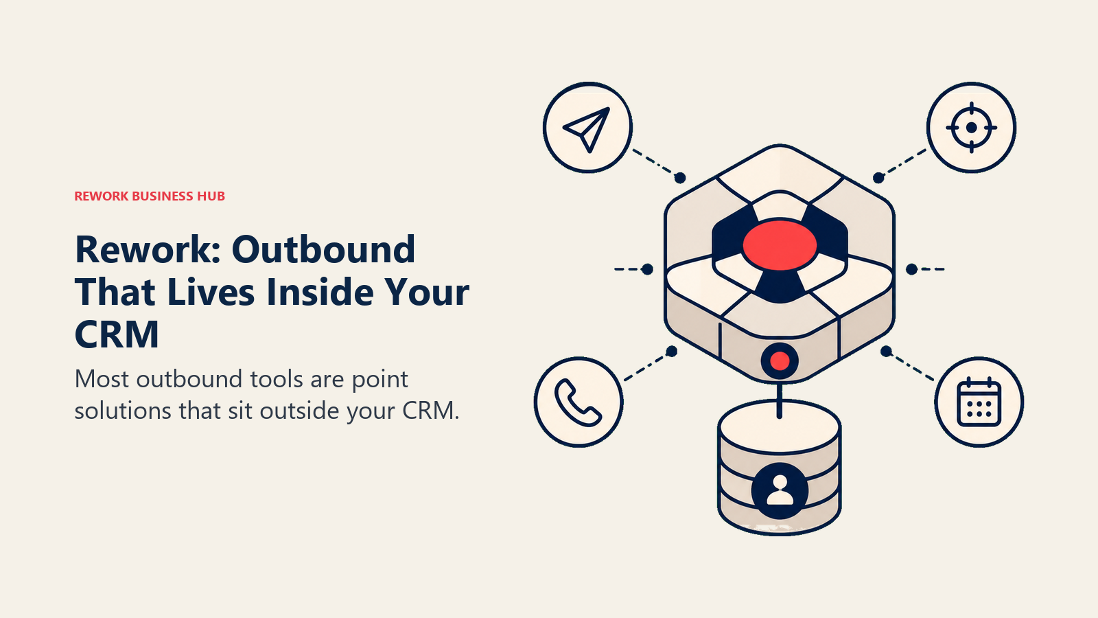Rework: Outbound That Lives Inside Your CRM shown with a modular operations hub