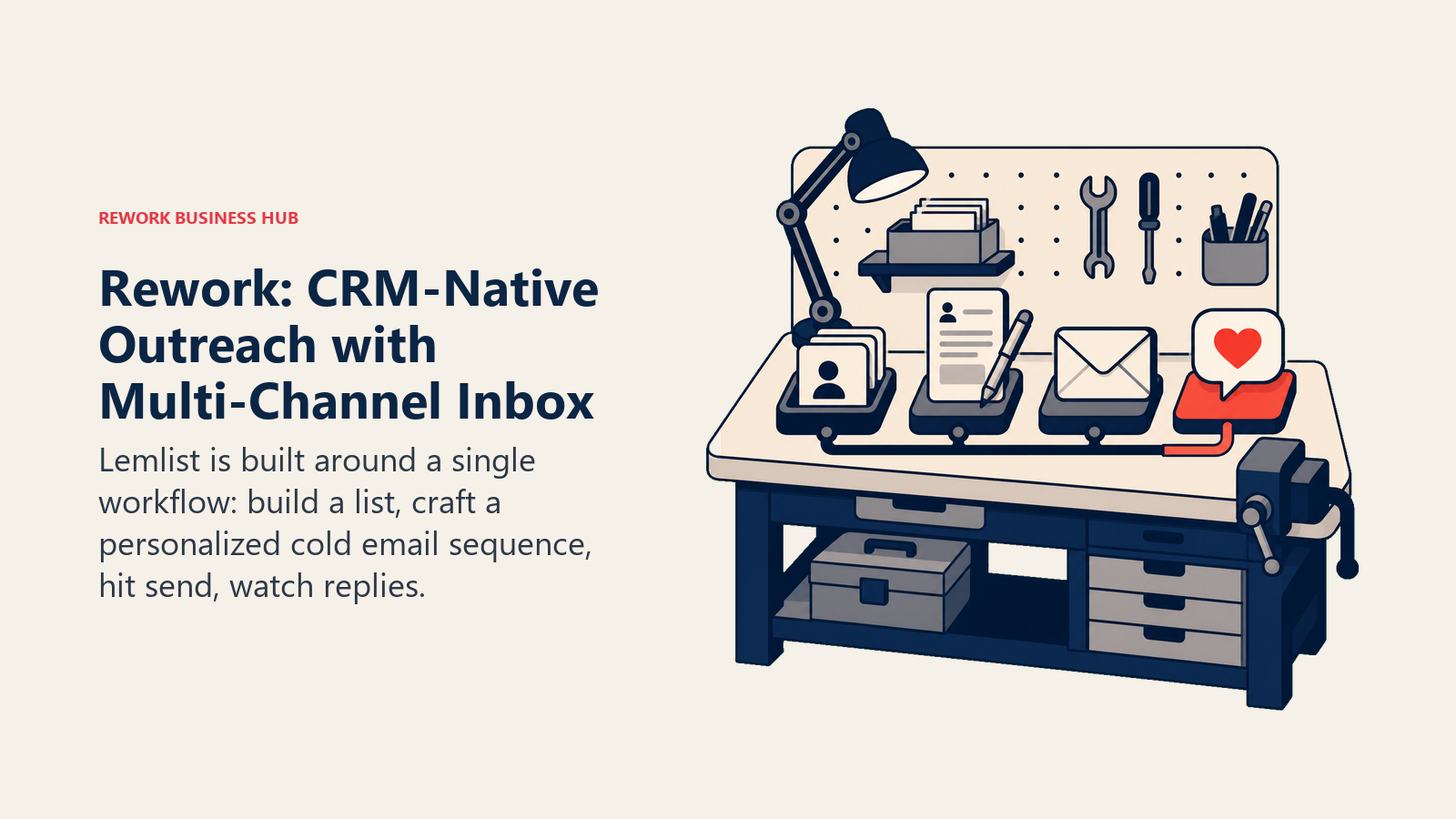 Rework: CRM-Native Outreach with Multi-Channel Inbox shown with a buyer evaluation workbench