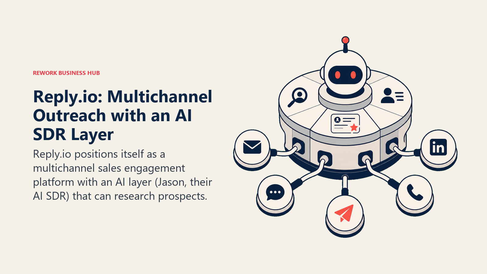 Reply.io: Multichannel Outreach with an AI SDR Layer shown with a modular operations hub