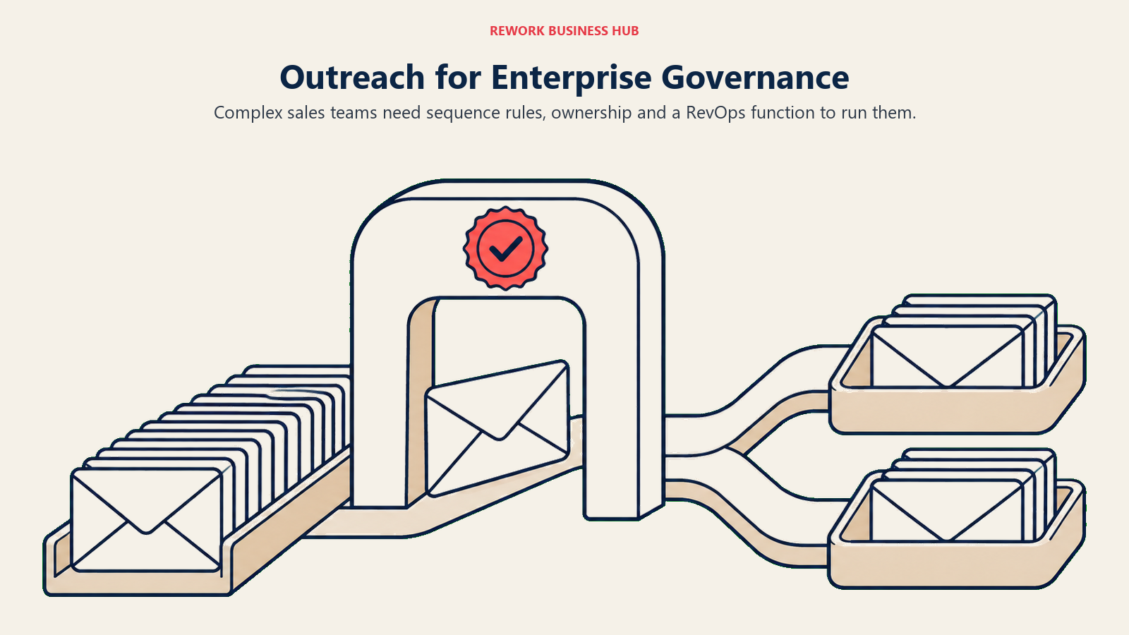 Messages passing through an approval gate into team inboxes illustrating Outreach governance