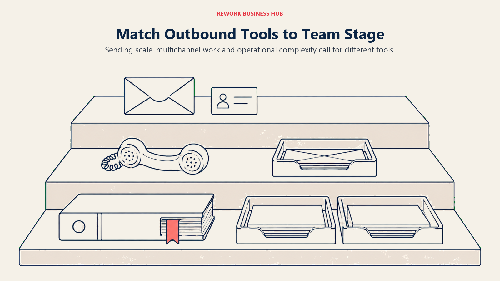 Outbound work arranged on three shelves illustrating tool fit by team stage