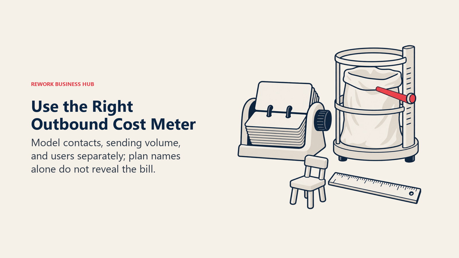 Contact cards, a mail-volume gauge and a user seat illustrate separate outbound billing meters.