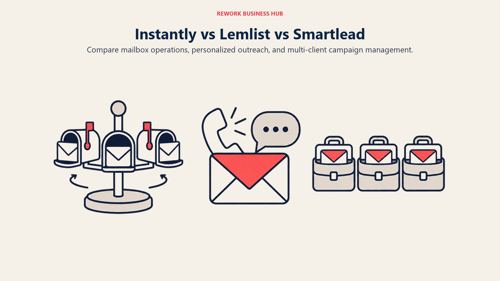 Instantly mailbox operations, Lemlist personalized multichannel outreach and Smartlead client cases appear left to right.