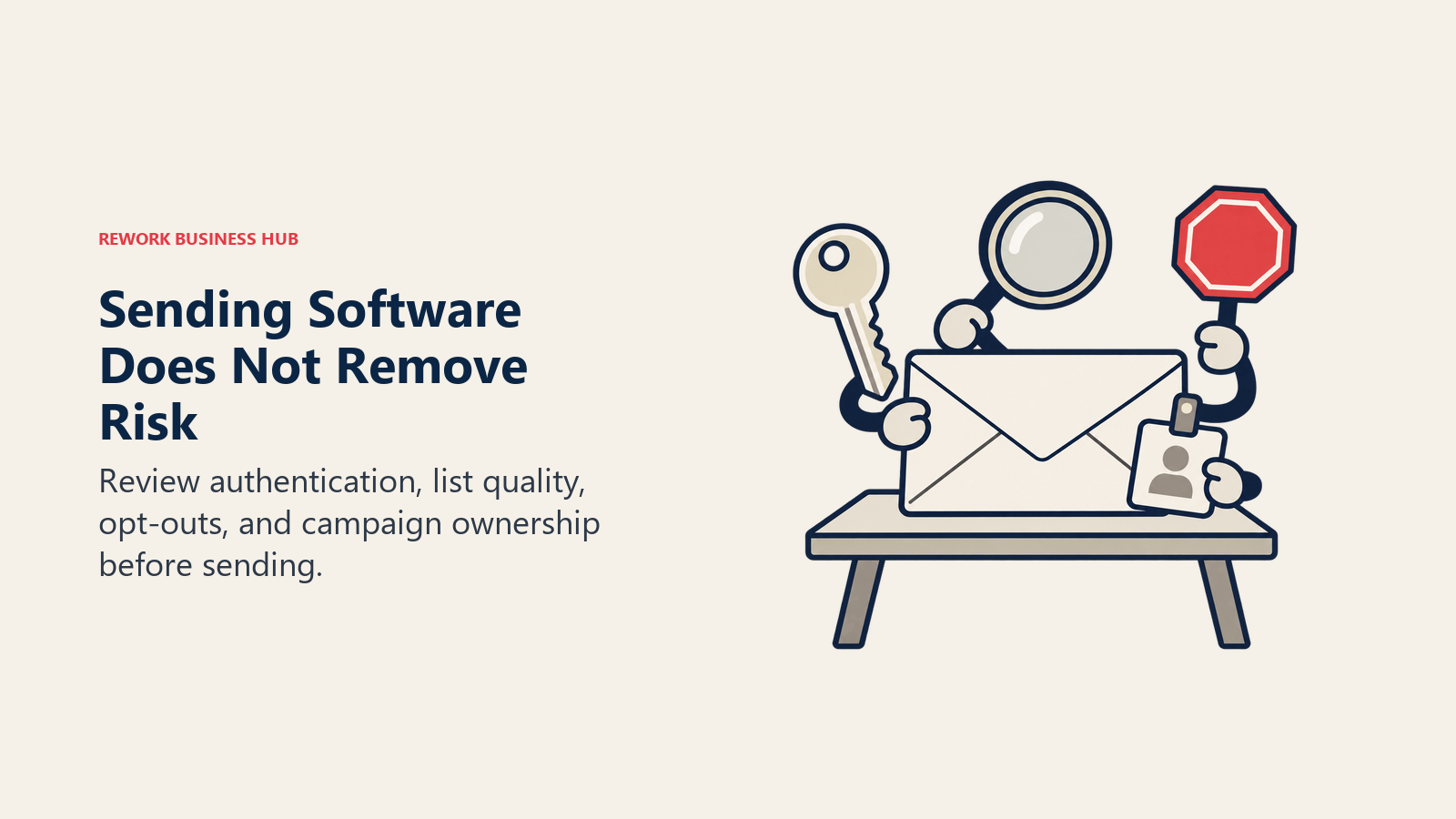 An envelope holds authentication, review, opt-out and owner symbols above a workbench.