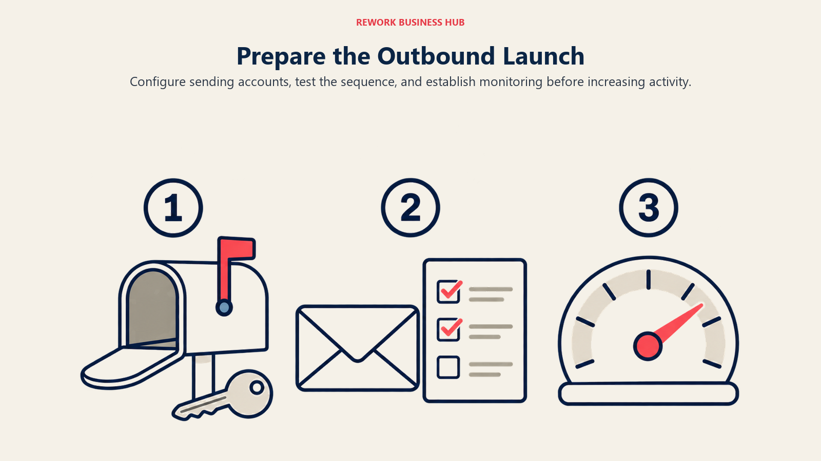 Mailbox access, sequence testing and a monitoring gauge form three outbound launch stages.