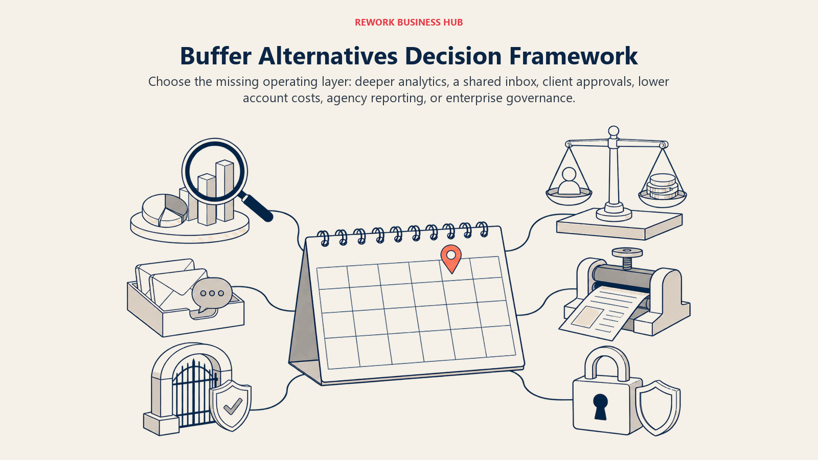 Buffer alternatives decision calendar routing teams by analytics, inbox, approvals, account cost, agency reporting, and enterprise governance