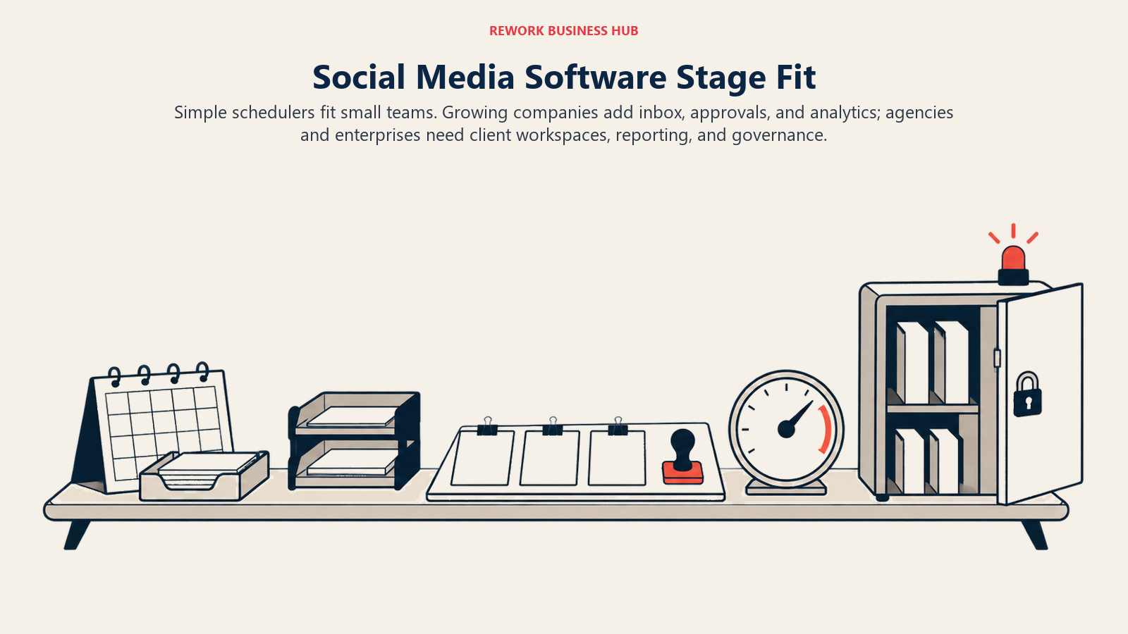 Social media operating room expanding from a single publishing calendar to shared inbox, agency approvals, analytics, and enterprise governance