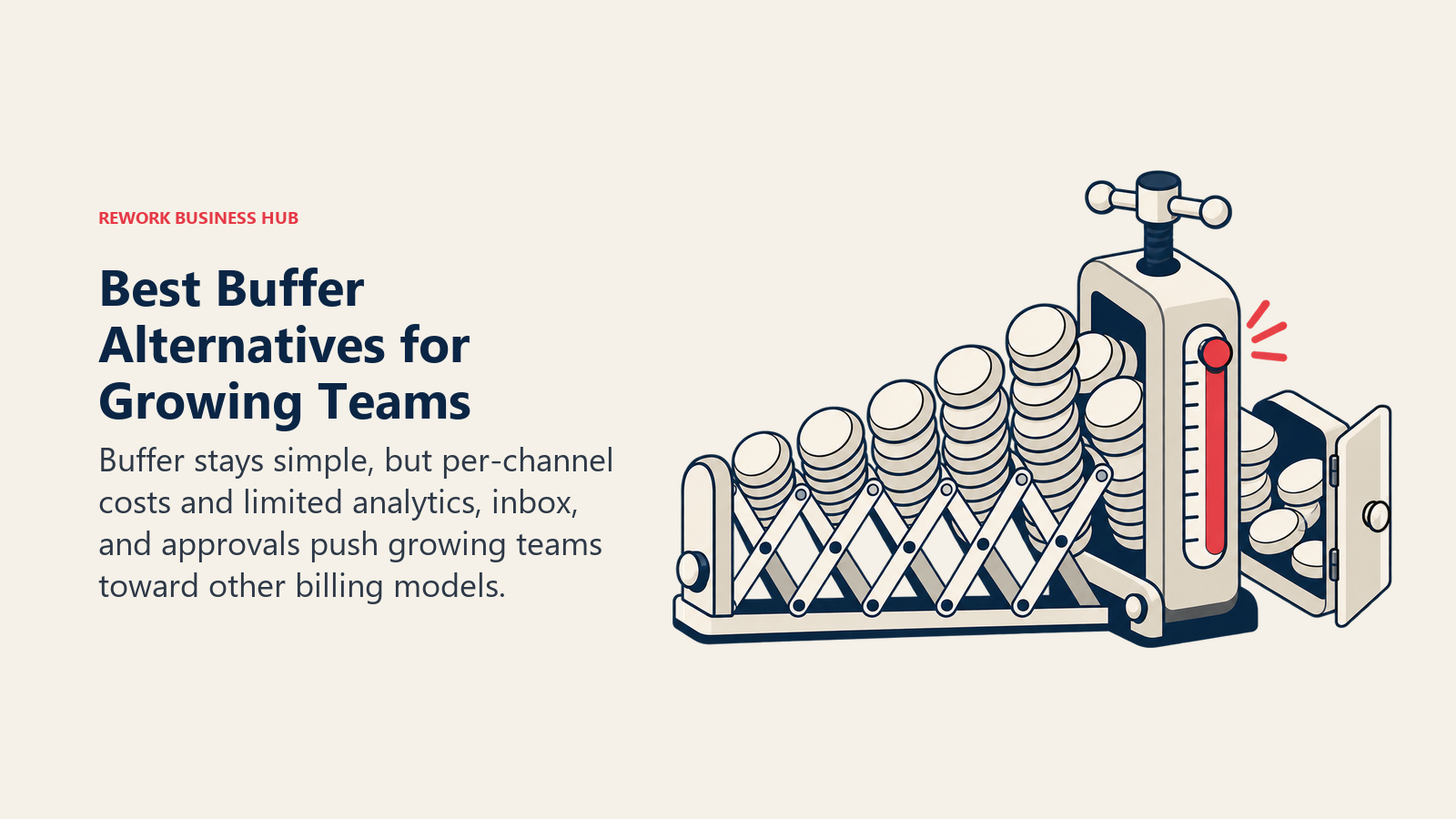 Best Buffer alternatives shown as expanding channel costs pressing through a billing clamp as accounts multiply