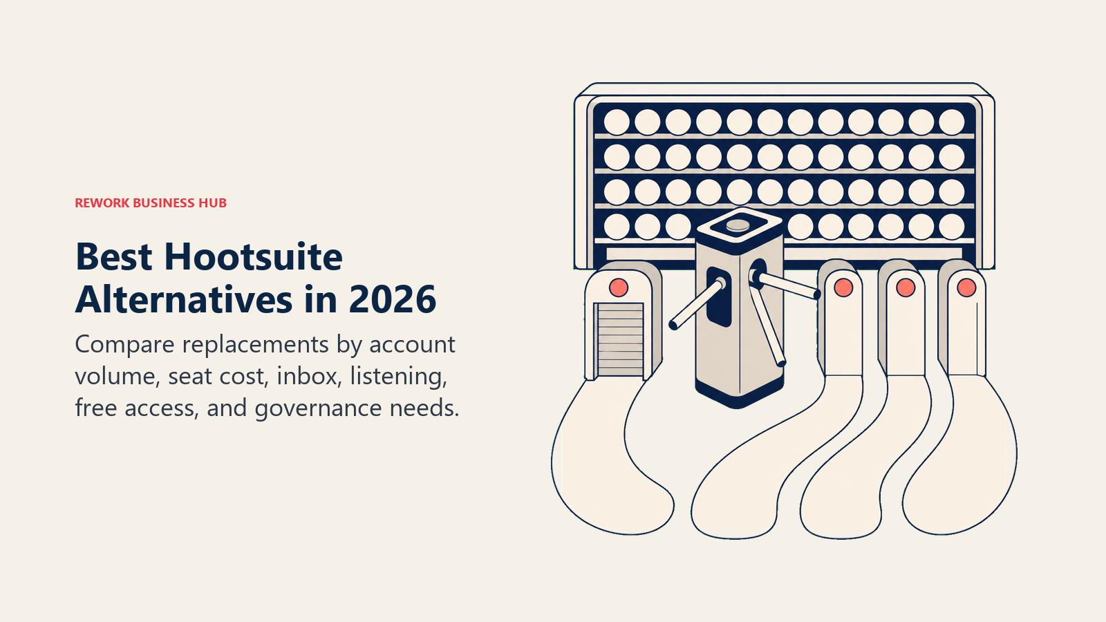 Best Hootsuite alternatives shown as open migration routes beyond a seat-priced turnstile and high-volume account rack