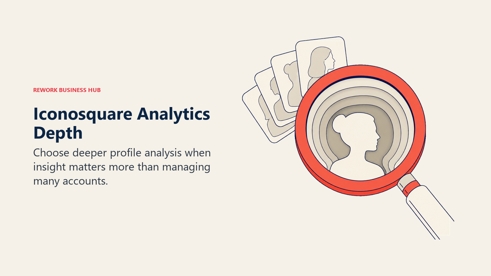 Iconosquare Analytics Depth: a loupe revealing deeper analysis inside a social profile