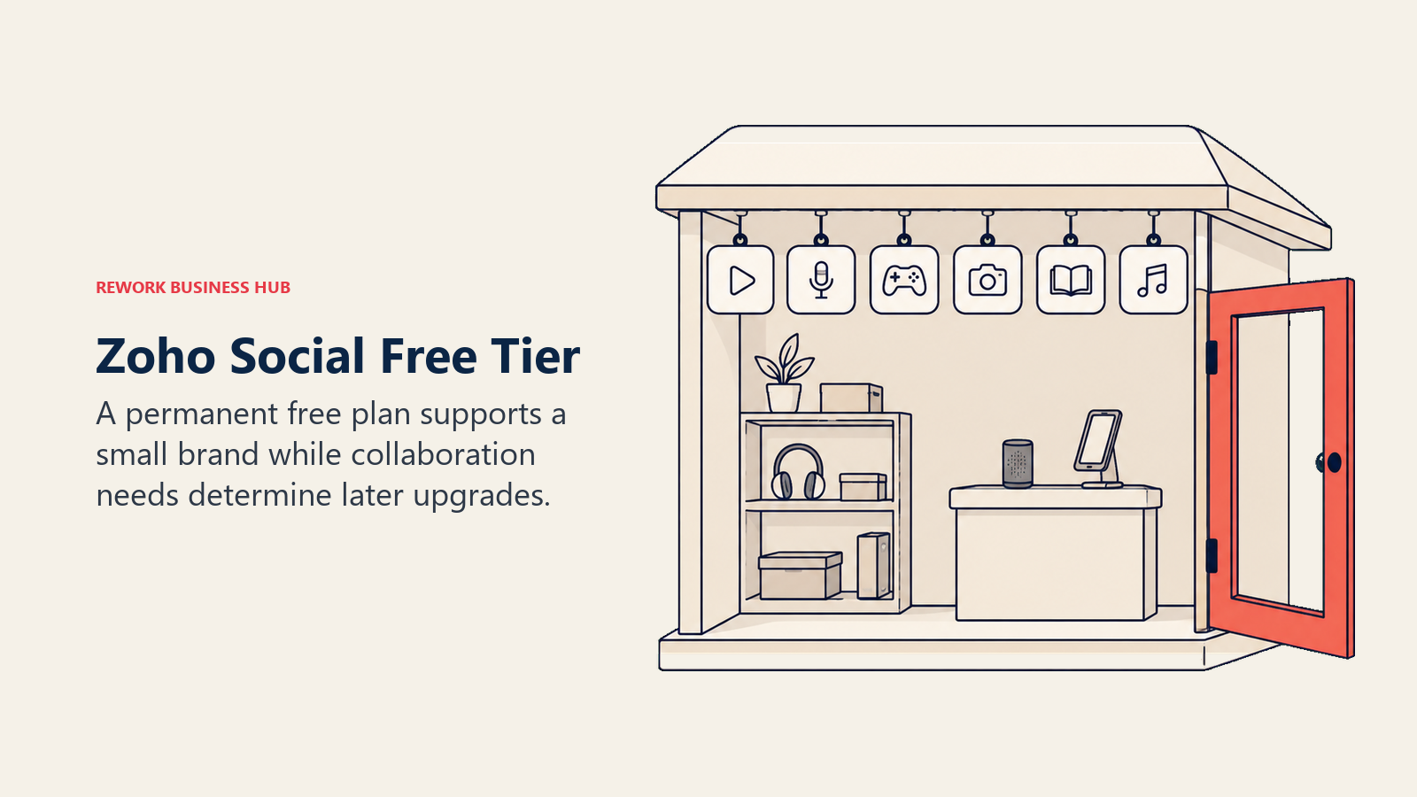 Zoho Social Free Tier: an open brand storefront with channel tabs and a single operator seat