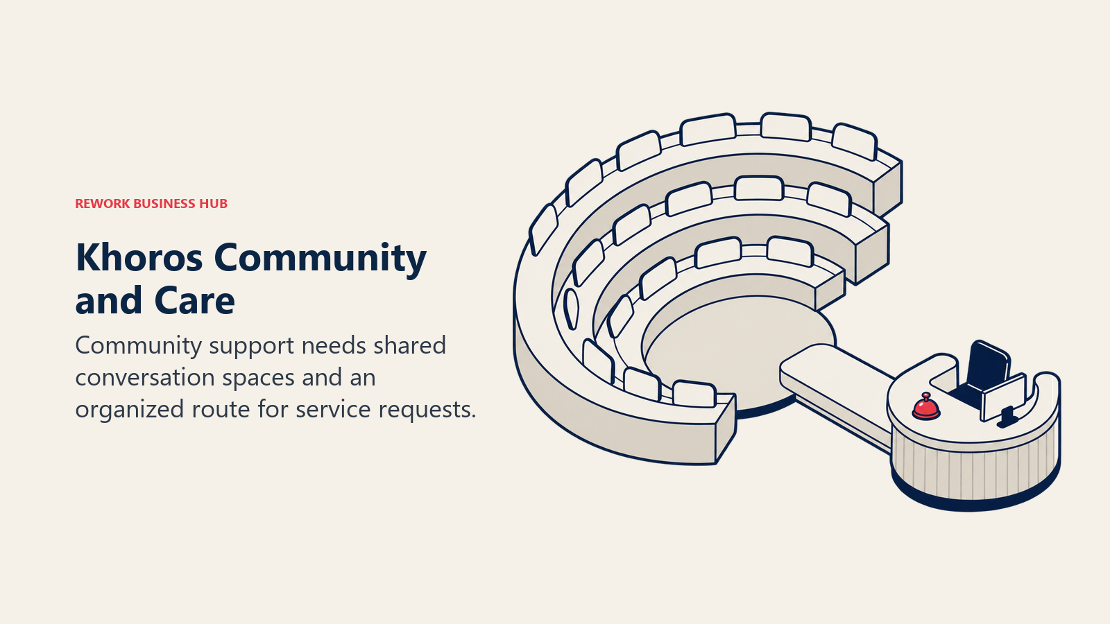 Khoros Community and Care illustrated by amphitheatre with service bridge