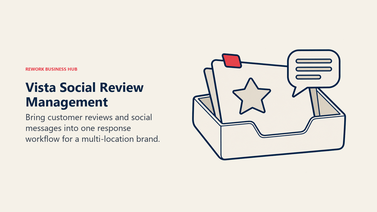 Vista Social Review Management illustrated by review card and message in folded tray