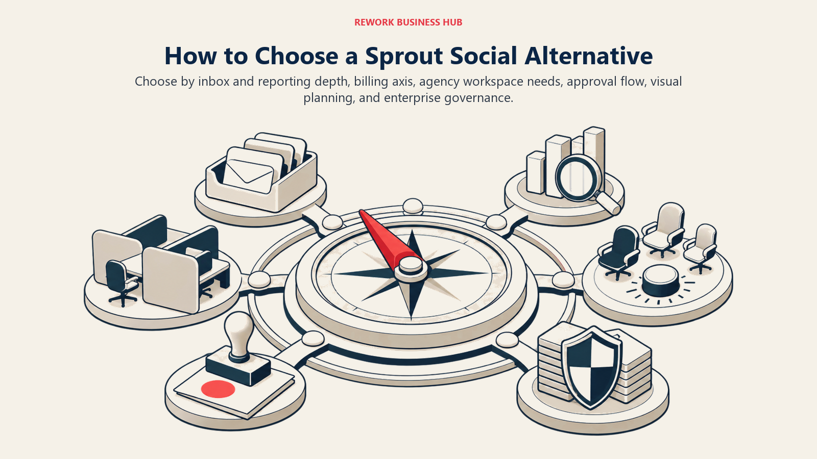 Sprout Social alternative decision framework for inbox depth, pricing, agency workspaces, approvals, visual planning, and governance