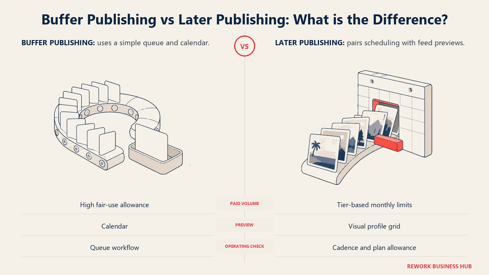 Buffer Publishing vs Later Publishing: What is the Difference?: an ongoing post queue compared with a calendar-based posting allowance