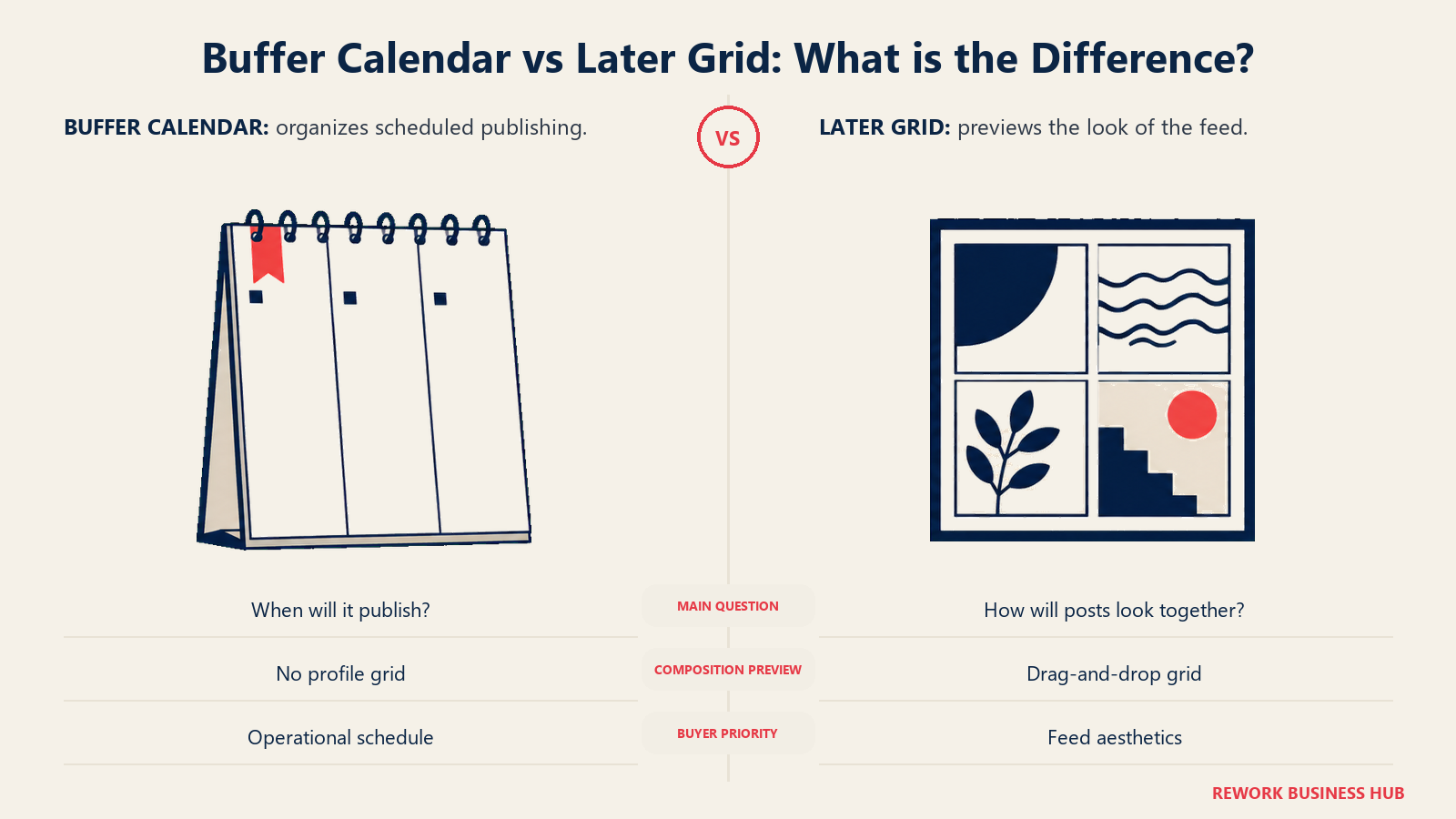 Buffer Calendar vs Later Grid: What is the Difference?: a publishing calendar compared with a cohesive visual photo mosaic