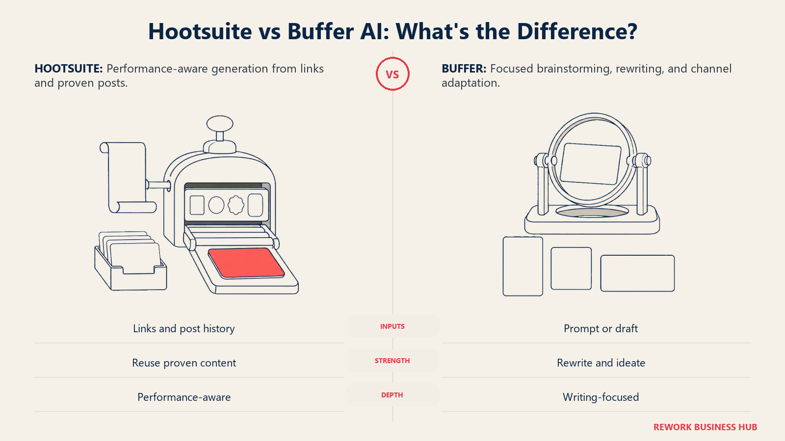Hootsuite performance-aware AI writing studio compared with Buffer's focused brainstorming and rewriting assistant