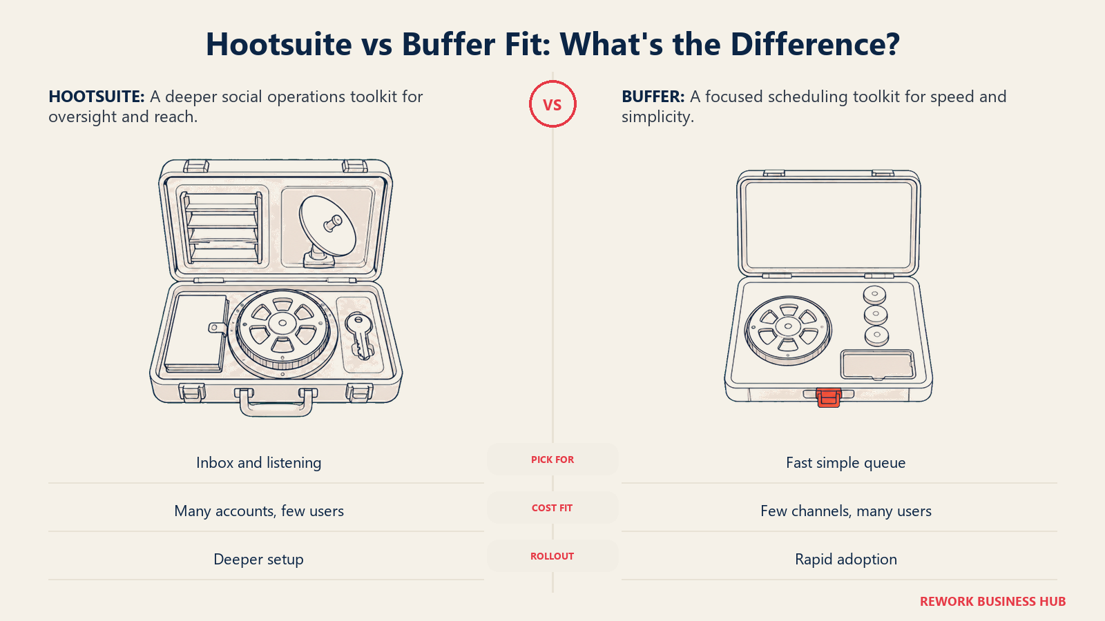 Hootsuite deep social operations toolkit compared with Buffer's focused scheduling toolkit for the final buying decision