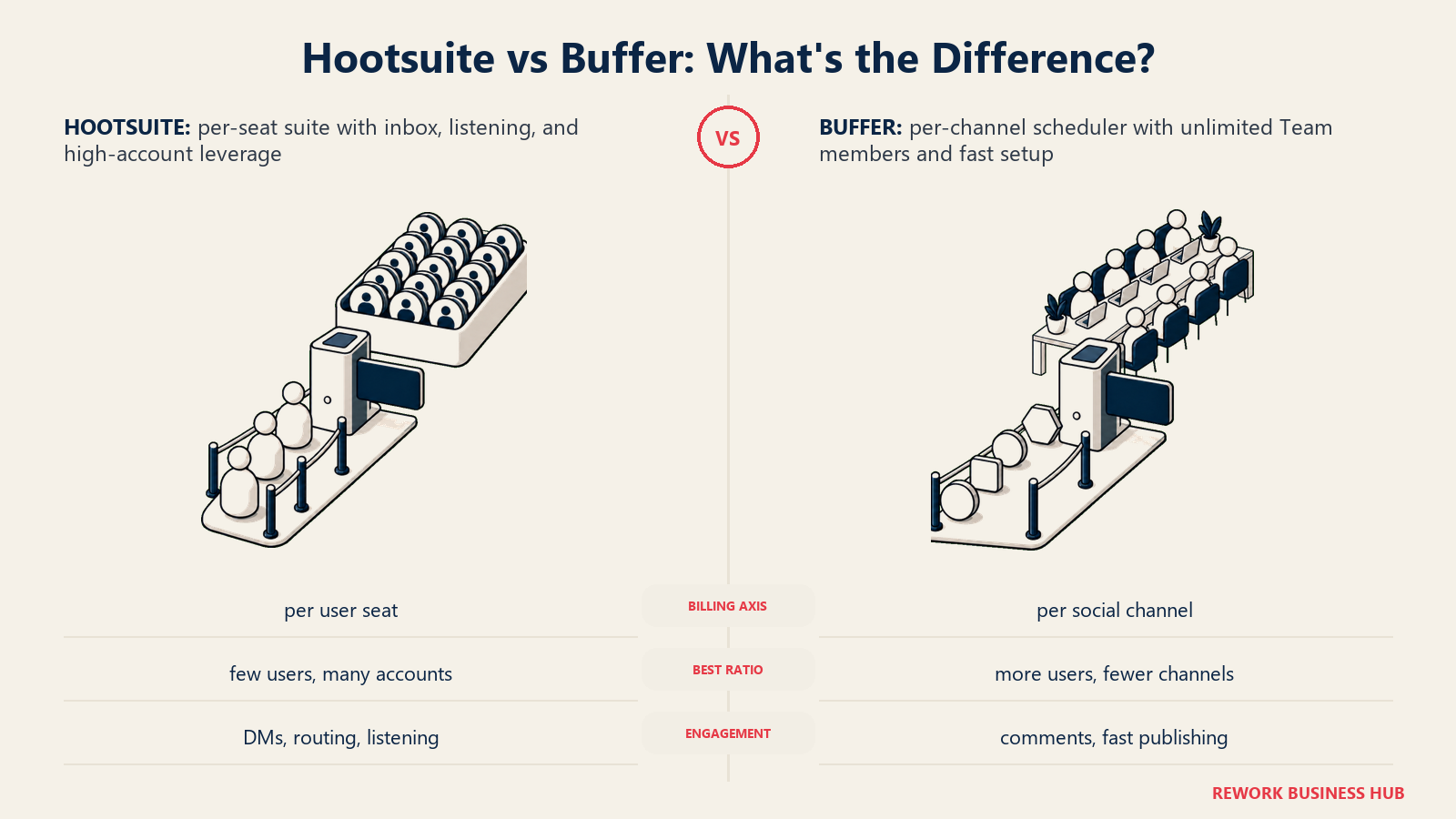 Hootsuite vs Buffer pricing shown as matched toll stations charging user seats on one side and social channels on the other